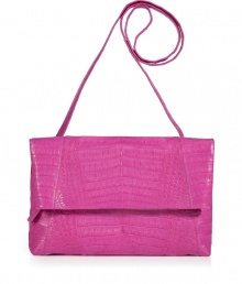 Invest in multi-season sophistication with Nancy Gonzalezs sleek fold-over croco clutch, an ultra luxurious choice in fun fuchsia - Fold-over with hidden magnetic snaps and zippered pocket underneath, back slit pocket with magnetic closure, inside zippered back wall pocket, tonal suede lining, removable shoulder strap - Carry as a finish to chic day and evening looks alike Invest in multi-season sophistication with Nancy Gonzalezs sleek fold-over croco clutch, an ultra luxurious choice in fun fuchsia - Fold-over with hidden magnetic snaps and zippered pocket underneath, back slit pocket with magnetic closure, inside zippered back wall pocket, tonal suede lining, removable shoulder strap - Carry as a finish to chic day and evening looks alike