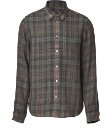 Rugged casual looks get a chic urban remake in Marc by Marc Jacobs tonal grey wool plaid shirt - Long sleeves, buttoned cuffs, button-down front, shirttail hemline, lightly tailored - Pair with jeans and broken-in leather belts