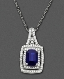 September's birthstone rests proudly in a shining setting on this 14k white gold pendant featuring emerald-cut sapphire (1/6 ct. t.w.) and round-cut diamond (1/4 ct. t.w.). Approximate length: 18 inches. Approximate drop: 3/4 inch. September's birthstone rests proudly in a shining setting on this 14k white gold pendant featuring emerald-cut sapphire (1/6 ct. t.w.) and round-cut diamond (1/4 ct. t.w.). Approximate length: 18 inches. Approximate drop: 3/4 inch.
