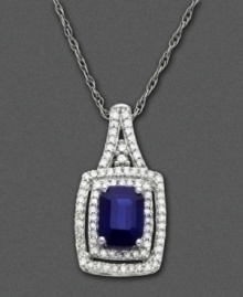 September's birthstone rests proudly in a shining setting on this 14k white gold pendant featuring emerald-cut sapphire (1/6 ct. t.w.) and round-cut diamond (1/4 ct. t.w.).  Approximate length: 18 inches. Approximate drop: 3/4 inch.