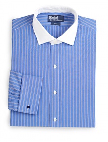 A luxurious, long-sleeved dress shirt is tailored for a trim fit from ultra-silky, two-ply cotton poplin yarns. Buttonfront Moderate spread collar Embroidered logo detail Cotton Machine wash Imported 