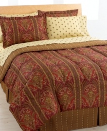 Royal colors of red and gold create a vintage look for the traditional at heart. This Davenport bedding ensemble combines old-world damask designs with sophisticated pleating, creating an instant air of luxurious comfort. Royal colors of red and gold create a vintage look for the traditional at heart. This Davenport bedding ensemble combines old-world damask designs with sophisticated pleating, creating an instant air of luxurious comfort.