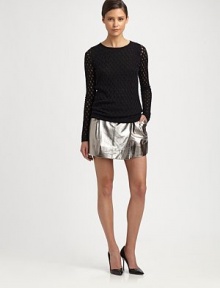 Glisten away in this daring, metallic leather mini skirt. Slash pocketsAbout 13 longLeatherDry clean with leather specialistImportedModel shown is 5'9 (175cm) wearing US size 4. Glisten away in this daring, metallic leather mini skirt. Slash pocketsAbout 13 longLeatherDry clean with leather specialistImportedModel shown is 5'9 (175cm) wearing US size 4.
