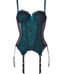 Get the sultry glamorous look of a vintage 1950s pin up girl in Von Follies by Dita Von Teeses deep rich turquoise stretch lace and mesh bustier - Underwire style, lightly padded structured cups, grosgrain and satin ribbon detailing over sheer black stretch lace, ruffled lace trim on cups, wide adjustable straps with silver-toned hardware, adjustable silver-toned back hook-and-eye closures - Black stretch lace over deep rich turquoise paneling, sheer mesh sides, ruffled lace trim around hemline, satin garter straps with vintage-style silver-toned clips - Cinched waist - Wear with silk stockings for a seriously seductive look Get the sultry glamorous look of a vintage 1950s pin up girl in Von Follies by Dita Von Teeses deep rich turquoise stretch lace and mesh bustier - Underwire style, lightly padded structured cups, grosgrain and satin ribbon detailing over sheer black stretch lace, ruffled lace trim on cups, wide adjustable straps with silver-toned hardware, adjustable silver-toned back hook-and-eye closures - Black stretch lace over deep rich turquoise paneling, sheer mesh sides, ruffled lace trim around hemline, satin garter straps with vintage-style silver-toned clips - Cinched waist - Wear with silk stockings for a seriously seductive look