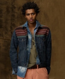 Capturing the essence of a well-worn favorite and combining it with the spirit of the American southwest, this Serape-accented denim jacket exudes a worldly, vintage-inspired feel. Capturing the essence of a well-worn favorite and combining it with the spirit of the American southwest, this Serape-accented denim jacket exudes a worldly, vintage-inspired feel.