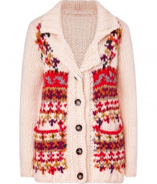 With a folkloric-inspired knit, this chunky multicolored cardigan from Paul & Joe Sister is a vibrant addition to your cold weather basics - Spread notched collar, long sleeves, front button placket, patch pockets, front multicolored pattern, ribbed trim, chunky knit - Easy straight fit - Style with skinny jeans, a long sleeve tee, and embellished ballet flats