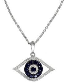 Keep safe the stylish way. EFFY Collection's good luck pendant features the evil eye with round-cut sapphires (1/4 ct. t.w.), white diamonds (1/8 ct. t.w.) and black diamond accents. Set in 14k white gold. Approximate length; 18 inches. Approximate drop length: 13/20 inch. Approximate drop width: 18/25 inch. Keep safe the stylish way. EFFY Collection's good luck pendant features the evil eye with round-cut sapphires (1/4 ct. t.w.), white diamonds (1/8 ct. t.w.) and black diamond accents. Set in 14k white gold. Approximate length; 18 inches. Approximate drop length: 13/20 inch. Approximate drop width: 18/25 inch.