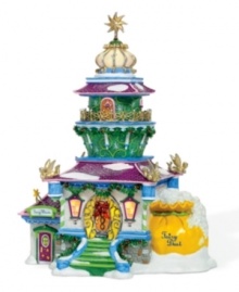 A bright light in the cold, white North Pole landscape, Tinkerbell's luxe lighthouse features fantastical swirls of emerald, violet and ice-blue rooftops and gold replicas of the famous pixie. Tink's wand shop and fairy dust work magic on your holiday decor.