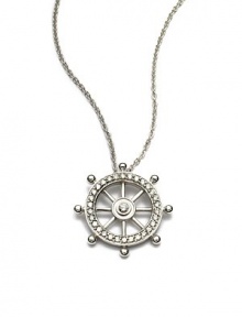 THE LOOKShip wheel pendant.46 tcw diamonds14k white gold settingLobster claspTHE MEASUREMENTPendant diameter, about 1Length, about 16ORIGINMade in USA