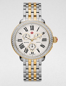 From the Serein Collection. An elegant, timepiece in sleek sterling silver and radiant 18k goldplated stainless steel accented with brilliant diamonds. Swiss quartz movementWater resistant to 5 ATMRound stainless steel case, 40mm (1.6)Diamond accented bezel, .6 tcwSilvertone chronograph dialDate display at 6 o'clockSecond hand Two-tone stainless steel link bracelet, 18mm wide (0.7)Imported