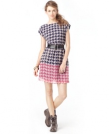 Punch-up your day look with eye-catching graphics! This a-line dress from American Rag features colorblocked houndstooth print and a back cutout for ladylike style with edge. Punch-up your day look with eye-catching graphics! This a-line dress from American Rag features colorblocked houndstooth print and a back cutout for ladylike style with edge.