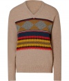 Lend a distinctive edge to your knitwear favorites with Burberry Brits colorful geometric patterned wool pullover - V-neckline, long sleeves, ribbed trim - Contemporary slim straight fit - Wear with black trousers and lace-up desert boots