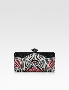 A feminine crystal encrusted design that is meticulously hand-crafted to perfection.Detachable chain shoulder strap, 9 dropPush-lock closureMetallic leather lining6¼W X 3H X 1¼DMade in Italy A feminine crystal encrusted design that is meticulously hand-crafted to perfection.Detachable chain shoulder strap, 9 dropPush-lock closureMetallic leather lining6¼W X 3H X 1¼DMade in Italy