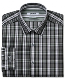 Keep your classic style in check with this fitted plaid shirt from DKNY.