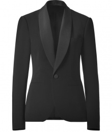 Luxurious black double-face wool tuxedo jacket - This sophisticated blazer is classically stylish - Pair with a blouse, matching pants, layered necklaces, and sky-high heels - For high-low chic style with a t-shirt, wide-legged trousers, and pumps