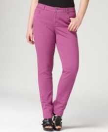 Revamp your casual looks with DKNY Jeans' skinny plus size jeans, finished by a fuchsia wash-- it's a must-have style this season!