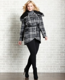 Make a statement in plaid with Dollhouse's plus size single-breasted coat, cinched by a belted waist-- stay warm and stylish this season!