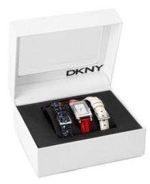 Keep your look in motion with this interchangeable leather watch set from DKNY.