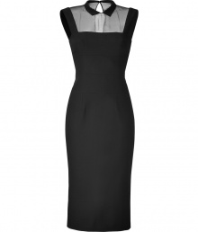 Alluring and demure with its sheer paneled bib, LWren Scotts form-fitting sheath is a modern take on cocktails chic - Petite pointed collar, sleeveless, sheer black bib panel, tailored seaming around the waist, hidden back zip, buttoned kick-pleat - Form-fitting, mid-length - Wear with platform peep-toes and a statement clutch