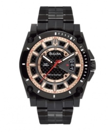 Make a quiet statement. Sleek black on black Precisionist watch by Bulova crafted of black anodized stainless steel bracelet and round case. Four lugs and white stick indices at bezel. Textured black dial features rose-gold tone stick indices, date window at three o'clock, rose-gold tone inner and outer rings, luminous hour and minute hands, continuously sweeping red second hand, and logo. Quartz movement. Water resistant to 300 meters. Three-year limited warranty. Make a quiet statement. Sleek black on black Precisionist watch by Bulova crafted of black anodized stainless steel bracelet and round case. Four lugs and white stick indices at bezel. Textured black dial features rose-gold tone stick indices, date window at three o'clock, rose-gold tone inner and outer rings, luminous hour and minute hands, continuously sweeping red second hand, and logo. Quartz movement. Water resistant to 300 meters. Three-year limited warranty.