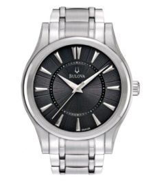Sophistication that can't be denied. Watch by Bulova crafted of stainless steel bracelet and round case. Sunray textured charcoal gray dial features applied silver tone stick indices, three hands and logo. Quartz movement. Water resistant to 30 meters. Three-year limited warranty. Sophistication that can't be denied. Watch by Bulova crafted of stainless steel bracelet and round case. Sunray textured charcoal gray dial features applied silver tone stick indices, three hands and logo. Quartz movement. Water resistant to 30 meters. Three-year limited warranty.