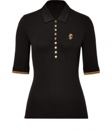 Work a glamorous edge into your preppy-chic staples with Juicy Coutures embroidered logo polo, detailed with contrast metallic gold trim for that luxe Hollywood feel - Classic collar, elbow-length sleeves, partial button-down front - Form-fitting - Wear with bright white separates and a shimmer of chunky statement jewelry