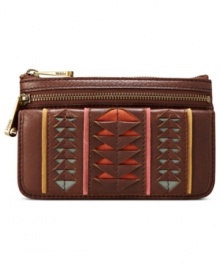 Add an artisanal feel to your accessory wardrobe with this laid-back leather clutch from Fossil. The perforated pattern reveals a pretty punch of color, while plenty of card slots and zip pockets keep your essentials safe and secure. Add an artisanal feel to your accessory wardrobe with this laid-back leather clutch from Fossil. The perforated pattern reveals a pretty punch of color, while plenty of card slots and zip pockets keep your essentials safe and secure.