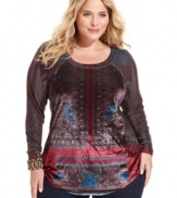 Get smooth casual style with One World's long sleeve plus size top, finished by a velvet front.