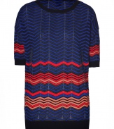 Polish your look with a modern feminine edge in Missoni Ms characteristic zigzag knit top - Bateau neckline, elbow-length sleeves, dropped shoulders, ribbed knit trim - Loose fit - Wear with a knit skirt and sophisticated heels
