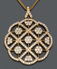 Gorgeous round-cut diamonds (2 ct. t.w.) form an exquisite flower on this 14k gold pendant from Effy Collection. Approximate length: 18 inches. Approximate drop: 1-1/2 inches. Gorgeous round-cut diamonds (2 ct. t.w.) form an exquisite flower on this 14k gold pendant from Effy Collection. Approximate length: 18 inches. Approximate drop: 1-1/2 inches.
