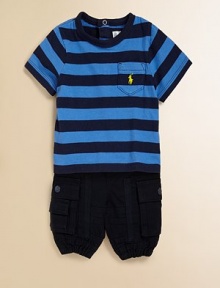Cute and casual is a cinch with this adorable coordinating set, featuring a classic crewneck tee and sporty cargo pants.Ribbed crewneckShort sleevesBack snapsPatch pocketFront button closureFaux flyRear elasticized waistband with belt loopsFlap pockets with snap closuresElastic hemCottonMachine washImported Please note: Number of snaps may vary depending on size ordered. Cute and casual is a cinch with this adorable coordinating set, featuring a classic crewneck tee and sporty cargo pants.Ribbed crewneckShort sleevesBack snapsPatch pocketFront button closureFaux flyRear elasticized waistband with belt loopsFlap pockets with snap closuresElastic hemCottonMachine washImported Please note: Number of snaps may vary depending on size ordered.
