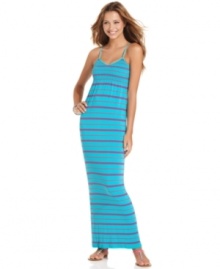Multicolor stripes of the thick and thin variety add sporty style to this maxi dress from JJ Basics! Multicolor stripes of the thick and thin variety add sporty style to this maxi dress from JJ Basics!