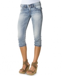 Closet-staple alert! Silver Jeans whips up a pair of denim capri shorts that are both versatile and cute thanks to the bleached light wash and embroidered back pockets! Closet-staple alert! Silver Jeans whips up a pair of denim capri shorts that are both versatile and cute thanks to the bleached light wash and embroidered back pockets!