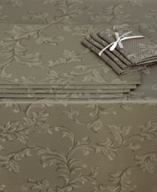 Wow a crowd with all-in-one Caroline Scroll table linens sets. An elegant vine and trellis motif graces a formal tablecloth and coordinating accessories for groups of eight. Wow a crowd with all-in-one Caroline Scroll table linens sets. An elegant vine and trellis motif graces a formal tablecloth and coordinating accessories for groups of eight.