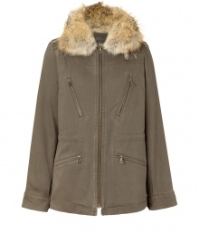Casual looks get an exquisitely luxe edge in Yves Salomons fur-trimmed army coat, perfect for taking on the new season in effortless-cool style - Removable coyote fur collar, front zip, zippered slit pockets, long sleeves, snapped cuffs, internal drawstring - Pair with edgy jeans, trend-favorite leather leggings or mini-dresses with ankle boots Casual looks get an exquisitely luxe edge in Yves Salomons fur-trimmed army coat, perfect for taking on the new season in effortless-cool style - Removable coyote fur collar, front zip, zippered slit pockets, long sleeves, snapped cuffs, internal drawstring - Pair with edgy jeans, trend-favorite leather leggings or mini-dresses with ankle boots