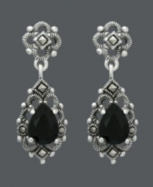 Let old world glamour inspire you. Genevieve & Grace earrings feature pear-cut onyx stones (5 mm x 7 mm) encircled by glittering marcasite in sterling silver. Approximate drop: 1 inch. Let old world glamour inspire you. Genevieve & Grace earrings feature pear-cut onyx stones (5 mm x 7 mm) encircled by glittering marcasite in sterling silver. Approximate drop: 1 inch.