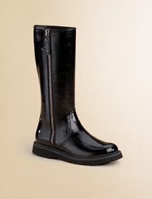Patent leather designed with side zipper.Patent leather upper Full-length outside zipper Rubber sole Imported Patent leather designed with side zipper.Patent leather upper Full-length outside zipper Rubber sole Imported