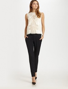Gorgeous open-weave eyelet lace, enhanced with subtle leaf embroidery.Jewel necklineSleevelessScalloped hemBack keyhole button closure85% cotton/15% silkDry cleanMade in Italy of imported fabricModel shown is 5'11 (180cm) wearing US size 4. Gorgeous open-weave eyelet lace, enhanced with subtle leaf embroidery.Jewel necklineSleevelessScalloped hemBack keyhole button closure85% cotton/15% silkDry cleanMade in Italy of imported fabricModel shown is 5'11 (180cm) wearing US size 4.