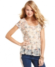 Flaunt a top with a peplum hem, one of the hottest trends of the season! Eyeshadow's floral-print lace shirt adds a feminine flair to your look. Flaunt a top with a peplum hem, one of the hottest trends of the season! Eyeshadow's floral-print lace shirt adds a feminine flair to your look.