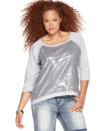 Turn up the glam in Eyeshadow's three-quarter sleeve plus size top, showcasing a sequined front.