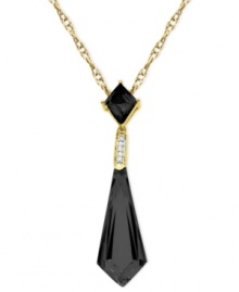 Look sharp and chic with this onyx (12-5/8 ct. t.w.) dagger pendant, adorned with diamond accents. The necklace is crafted from 10k gold. Approximate length: 18 inches. Approximate drop length: 1-1/2 inches. Approximate drop width: 1/3 inch. Look sharp and chic with this onyx (12-5/8 ct. t.w.) dagger pendant, adorned with diamond accents. The necklace is crafted from 10k gold. Approximate length: 18 inches. Approximate drop length: 1-1/2 inches. Approximate drop width: 1/3 inch.