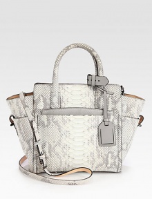 A sculptural design in ultra-luxurious python with leather accents. Double top handles, 4¼ dropDetachable adjustable shoulder strap, 21-22¼ dropTop zip closureFour outside open pocketsOne detachable zip pouchOne inside zip pocketTwo inside open pocketsCotton lining9¾W X 9½H X 4¾DImported