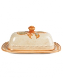 A fresh twist on a familiar pattern, the Carissa Paisley butter dish by Fitz and Floyd mixes colorful paisleys on the lid with sculpted rope and a rustic tan finish. A fresh twist on a familiar pattern, the Carissa Paisley butter dish by Fitz and Floyd mixes colorful paisleys on the lid with sculpted rope and a rustic tan finish.