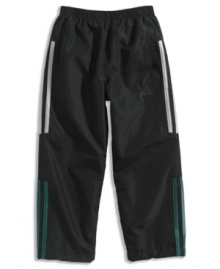 As your little boy demonstrates his vortex of energy, the elastic waistband will hold these roomy adidas pants in place. As your little boy demonstrates his vortex of energy, the elastic waistband will hold these roomy adidas pants in place.