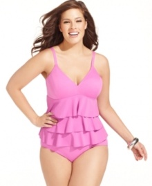Feminine ruffles cascade down this fabulous tankini top. This set comes with matching brief bottoms-perfect for a day in the sun! Feminine ruffles cascade down this fabulous tankini top. This set comes with matching brief bottoms-perfect for a day in the sun!