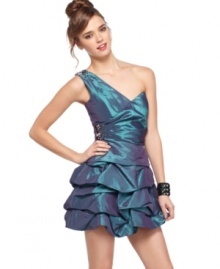 Roberta gives the classic party dress a new attitude through a flirty one-shoulder design and cool iridescent sheen!