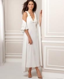 Flowing satin with floral bouquets. Drape yourself with the lovely Garnet bridal robe by Flora Nikrooz. Flowing satin with floral bouquets. Drape yourself with the lovely Garnet bridal robe by Flora Nikrooz.