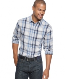 This cool plaid shirt from Club Room features contrast cuffs for a one-two punch of pattern. This cool plaid shirt from Club Room features contrast cuffs for a one-two punch of pattern.