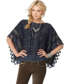 Layer on boho flair with this Free People woven crochet cape -- metallic details add a hint of modern shine!