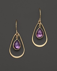 Bezeled amethyst teardrops, framed in 14K yellow gold. Bezeled amethyst teardrops, framed in 14K yellow gold.